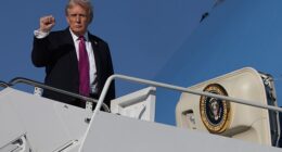 U. S. President Donald Trump gestures as he boards Air Force One on October 17, 2025 at Joint Base Andrews in Maryland. President Trump is spending his weekend at Mar-a-Lago in Palm Beach, Florida