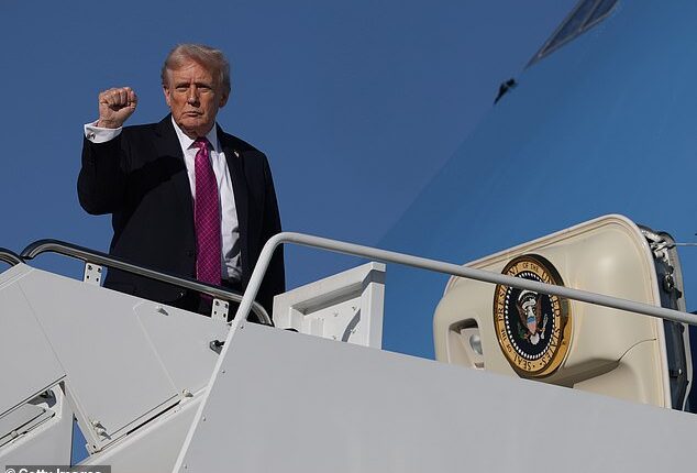 U. S. President Donald Trump gestures as he boards Air Force One on October 17, 2025 at Joint Base Andrews in Maryland. President Trump is spending his weekend at Mar-a-Lago in Palm Beach, Florida