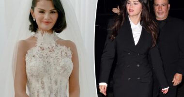 Selena Gomez stuns in white blazer dress at wedding rehearsal dinner