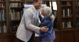 The Duke of Sussex hugs Dr Jane Goodall as he attends her Roots & Shoots Global Leadership Meeting at Windsor Castle in 2019