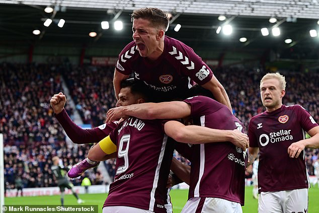 Hearts players mob Lawrence Shankland after he scored their third from the spot