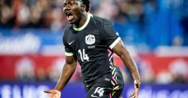 Australia's Nestory Irankunda celebrates after scoring against Canada in their friendly in Quebec