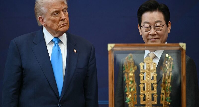 President Donald Trump was given a gift that will likely make the 'No Kings' protesters go a little mad - a replica of an ancient golden crown. South Korean President Lee Jae Myung awarded Trump with the Grand Order of Mugunghwa, South Korea's highest honor, for his work trying to achieve peace on the Korean peninsula during his first term. Trump was the first American leader ever bestowed with the honor.