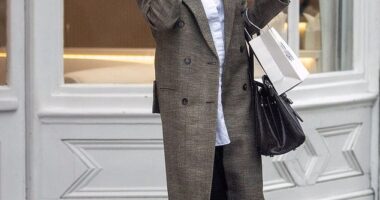 Stella McCartney, 54, wearing a long double-breasted tweed coat, was seen waiting in the reception of celebrity skin care expert Keren Bartov and getting increasingly irritated