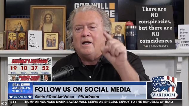 Steve Bannon during a broadcast of his Bannon's War Room show which aired on Monday, October 20th