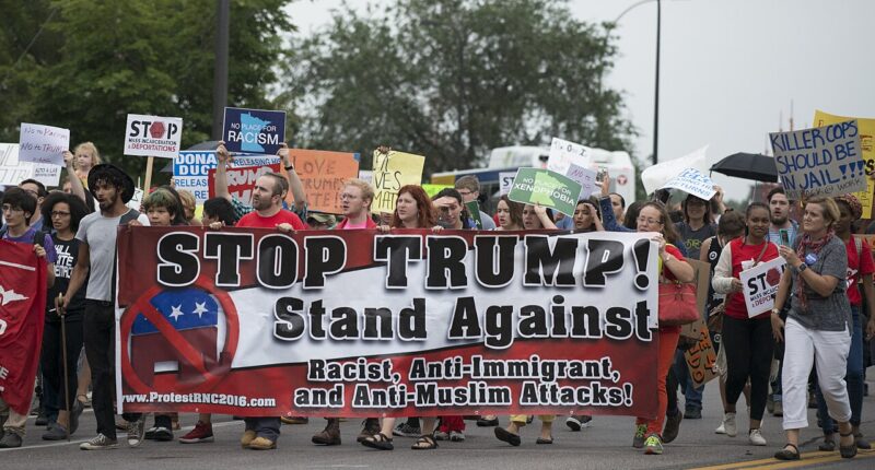 About 400 protesters gathered outside the Minneapolis Convention Center where Donald Trump was holding a private fundraising event.