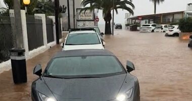 A luxury Lamborghini supercar found itself submerged as Storm Alice ravaged Ibiza