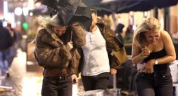 Strong winds up to 100mph were recorded across the UK. Pictured: Revellers face stormy weather on a night out in Leeds on Friday