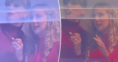 Taylor Swift and Brittany Mahomes match in red turtlenecks for Chiefs vs Commanders
