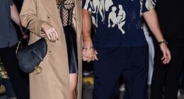 Taylor Swift released her raunchiest song yet with her track Wood from her new album The Life of a Showgirl; pictured with fiancé Travis Kelce in October 2024