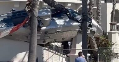 Video footage from Huntington Beach, California, shows the terrifying moment a helicopter spiraled out of control and crashed into a beachfront hotel on Saturday