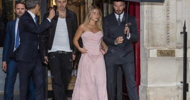 The Beckhams put on a united front as they were pictured leaving their hotel for Victoria's Paris Fashion Week Show on Friday