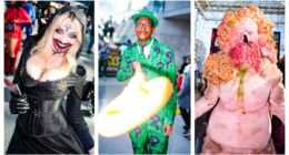 Cosplays of Bela Dimitrescu, The Riddler, and an Infected from The Last of Us.