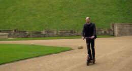 Joining Eugene Levy on the Apple+ TV series The Reluctant Traveler, Prince William , 43, revealed his preferred mode of transport for moving through the royal grounds - an electric scooter
