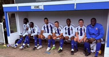 A picture of the Wythenshawe FC Vets bench showed Emile Heskey (far right), Maynor Figueroa (second from right), Papiss Cisse (second from left) and Oumar Niasse (far left)