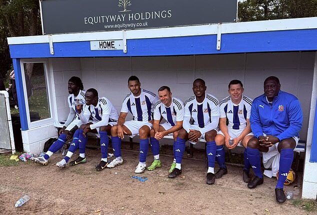 A picture of the Wythenshawe FC Vets bench showed Emile Heskey (far right), Maynor Figueroa (second from right), Papiss Cisse (second from left) and Oumar Niasse (far left)