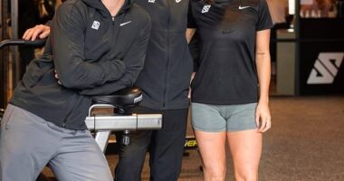 Paul Scholes, pictured at the family gym with eldest son Arron (left) and daughter Alicia (right)