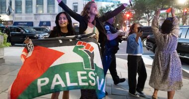 Pro-Palestinian protesters leave the restaurant Joe's Seafood, Prime Steak & Stone Crab as the US president dines there in Washington, DC, on September 9, 2025