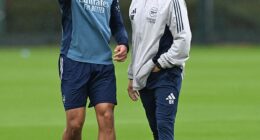 Gabriel Heinze and William Saliba (left) talk defensive tactics in an Arsenal training session