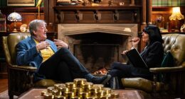 Stephen Fry and Claudia Winkleman in The Traitors' castle