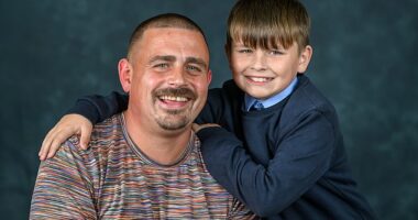 Rhys McDonald and his son, Freddie. Mr McDonald was sentenced to 28 months in prison after he pleaded guilty to publishing written material to stir up racial hatred