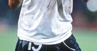 Paul Gascoigne celebrates England's victory against Cameroon during the 1990 World Cup