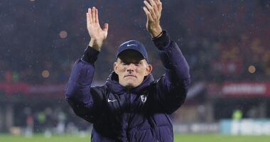 Thomas Tuchel applauds the England fans, who had teased him during the Latvia game