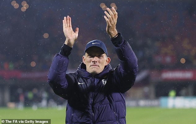 Thomas Tuchel applauds the England fans, who had teased him during the Latvia game