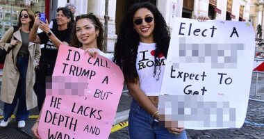 Demonstrators in Italy showed off their obscene signs calling Trump a 'c***' and a rapist