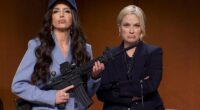 Tina Fey returned to Saturday Night Live with a biting impression of Kristi Noem, complete with her infamous 'ICE Barbie' glam and a prop firearm to match (pictured)
