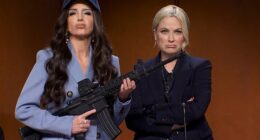 Tina Fey returned to Saturday Night Live with a biting impression of Kristi Noem, complete with her infamous 'ICE Barbie' glam and a prop firearm to match (pictured)