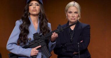 Tina Fey returned to Saturday Night Live with a biting impression of Kristi Noem, complete with her infamous 'ICE Barbie' glam and a prop firearm to match (pictured)
