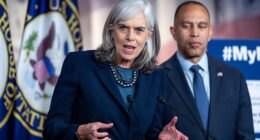 Rep. Katherine Clark, D-Mass., the House minority whip, is joined at right by House Minority Leader Hakeem Jeffries, D-N.Y., during a news conference on day 22 of the government shutdown to discuss the how the crisis can impact health care, at the Capitol in Washington, Wednesday, Oct. 22, 2025.