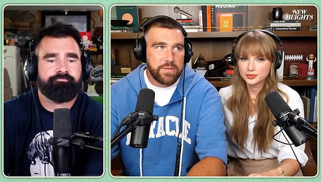 A new book reveals that former Vice President Kamala Harris' presidential campaign had pitched her appearing on Jason Kelce (left) and brother Travis Kelce's (center right) New Heights podcast after Taylor Swift (right) endorsed her - but the offer was rejected
