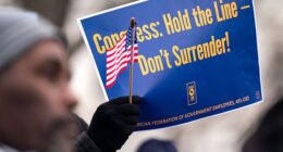 People listen as Everett Kelley, President of the American Federation of Government Employees (AFGE) Union, during a "Save the Civil Service" rally outside the U.S. Capitol on February 11, 2025 in Washington, DC