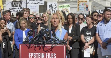Rep. Marjorie Taylor-Greene, R-Ga., speaks during a news conference regarding the release of the Jeffrey Epstein files, on Capitol Hill, Wednesday, Sept. 3, 2025, in Washington
