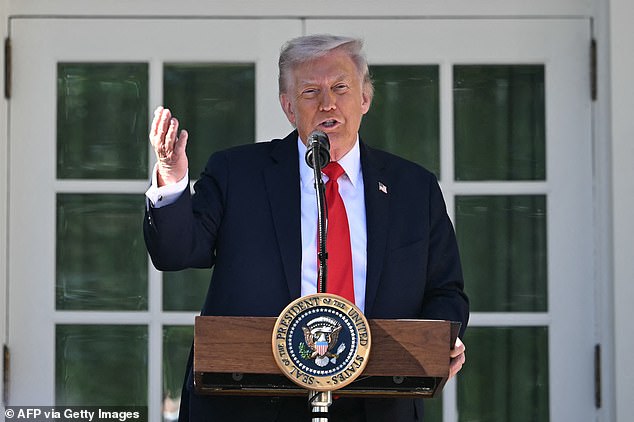 Trump speaks at a "Rose Garden Club" lunch in the Rose Garden of the White House in Washington, DC, on Tuesday
