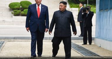 President Donald Trump and North Korean leader Kim Jong-un in the DMZ in 2019. Trump mentioned how Kim was a 'little cloud' hovering over South Korea that he will help fix