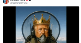 Trump posts AI video of himself flying KING TRUMP jet and bombing protesters with brown liquid
