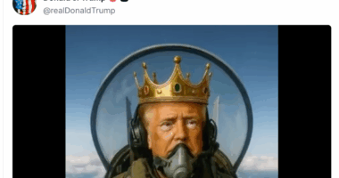 Trump posts AI video of himself flying KING TRUMP jet and bombing protesters with brown liquid