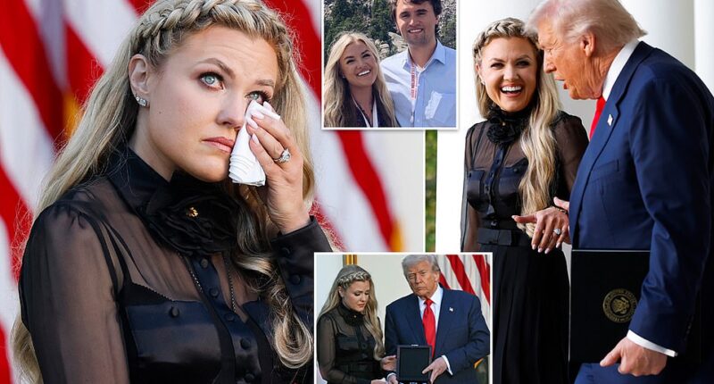 President Donald Trump has awarded Charlie Kirk the Medal of Freedom, marking what would have been his assassinated friend's 32nd birthday. Charlie's widow Erika wiped away tears as Trump handed her the highest civilian honor at a ceremony in the White House Rose Garden on Tuesday. 'You have given him the best birthday gift he could ever have,' the mother of two said as Trump beamed at her.