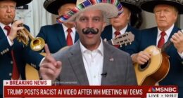 Trump continued provoking democratic leaders last night, taking to truth social, posting an AI video showing Democrat lawmaker Hakeem Jeffries with a cartoonish sombrero and handlebar mustache, trash-talking the democratic party as Latin music plays in the background with President Trump's doppelgängers as the mariachi band