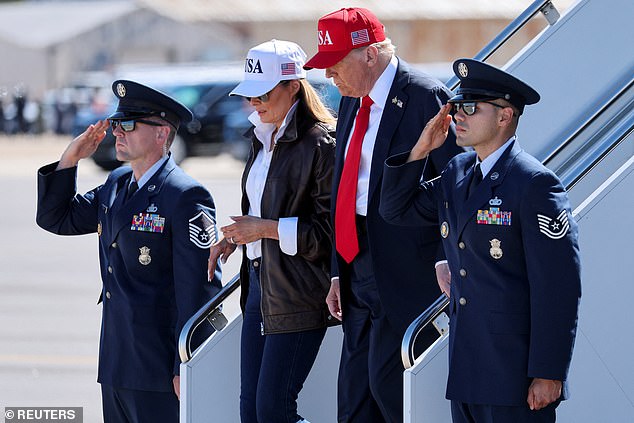 U.S. President Donald Trump and first lady Melania Trump disembark Air Force One at Naval Station Norfolk Chambers Field, Virginia, U.S. October 5, 2025