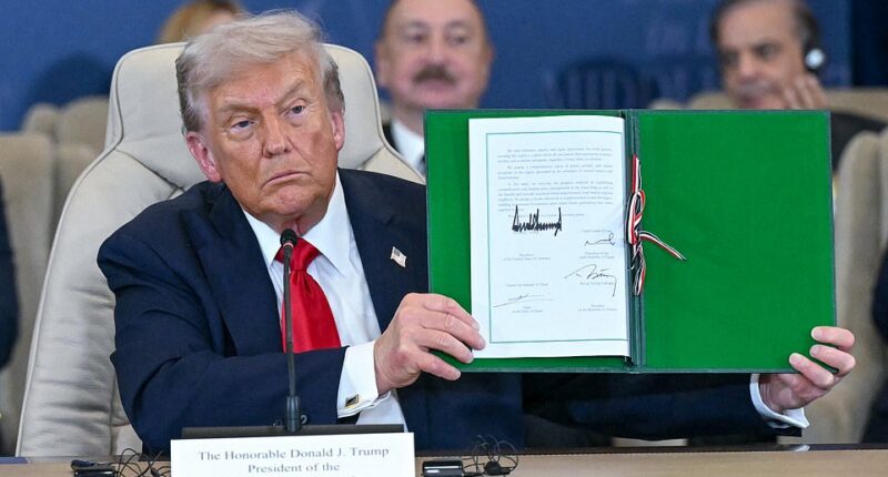Donald Trump with a stroke of a pen formally solidified the Israel-Hamas peace plan following the release of the remaining Israeli hostages in Gaza . The president was surrounded by world leaders from across the Middle East in Sharm El-Sheikh, Egypt on Monday to conclude the first phase of the Israel-Hamas ceasefire agreement. ‘This took 3,000 years to get to this point. Can you believe it? And it's going to hold up too. It's going to hold up,’ Trump said while signing the document. The exact content of the document is not clear.