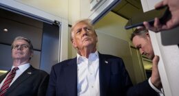 US Treasury Secretary Scott Bessent (L), US President Donald Trump and US Trade Representative Jamieson Greer (R) look on as they take questions from reporters aboard Air Force One as he flies to Japan on October 27, 2025