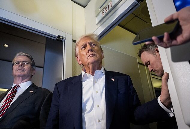 US Treasury Secretary Scott Bessent (L), US President Donald Trump and US Trade Representative Jamieson Greer (R) look on as they take questions from reporters aboard Air Force One as he flies to Japan on October 27, 2025