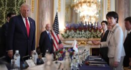 President Donald Trump (left) and the U.S. delegation hold a bilateral meeting Tuesday in Tokyo at Akasaka Place with Japan's new Prime Minister Sanae Takaichi (right), the first woman to hold the job