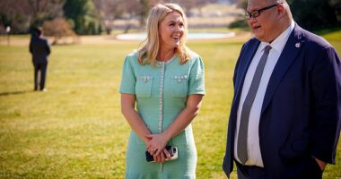 White House Press Secretary Karoline Leavitt and White House Communications Director Steven Cheung speak during an event on the South Lawn of the White House on March 11