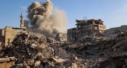 Smoke billows following an Israeli strike that targeted a building in the Bureij camp for Palestinian refugees in the central Gaza Strip on October 19, 2025