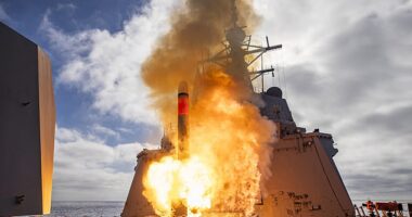 The Kremlin reacted furiously to reports that Donald Trump was considering deploying Tomahawk missiles requested by President Zelensky, raising fears of further escalation.  Pictured: The HMAS Brisbane firing a Tomahawk Weapon System off the west coast of the US